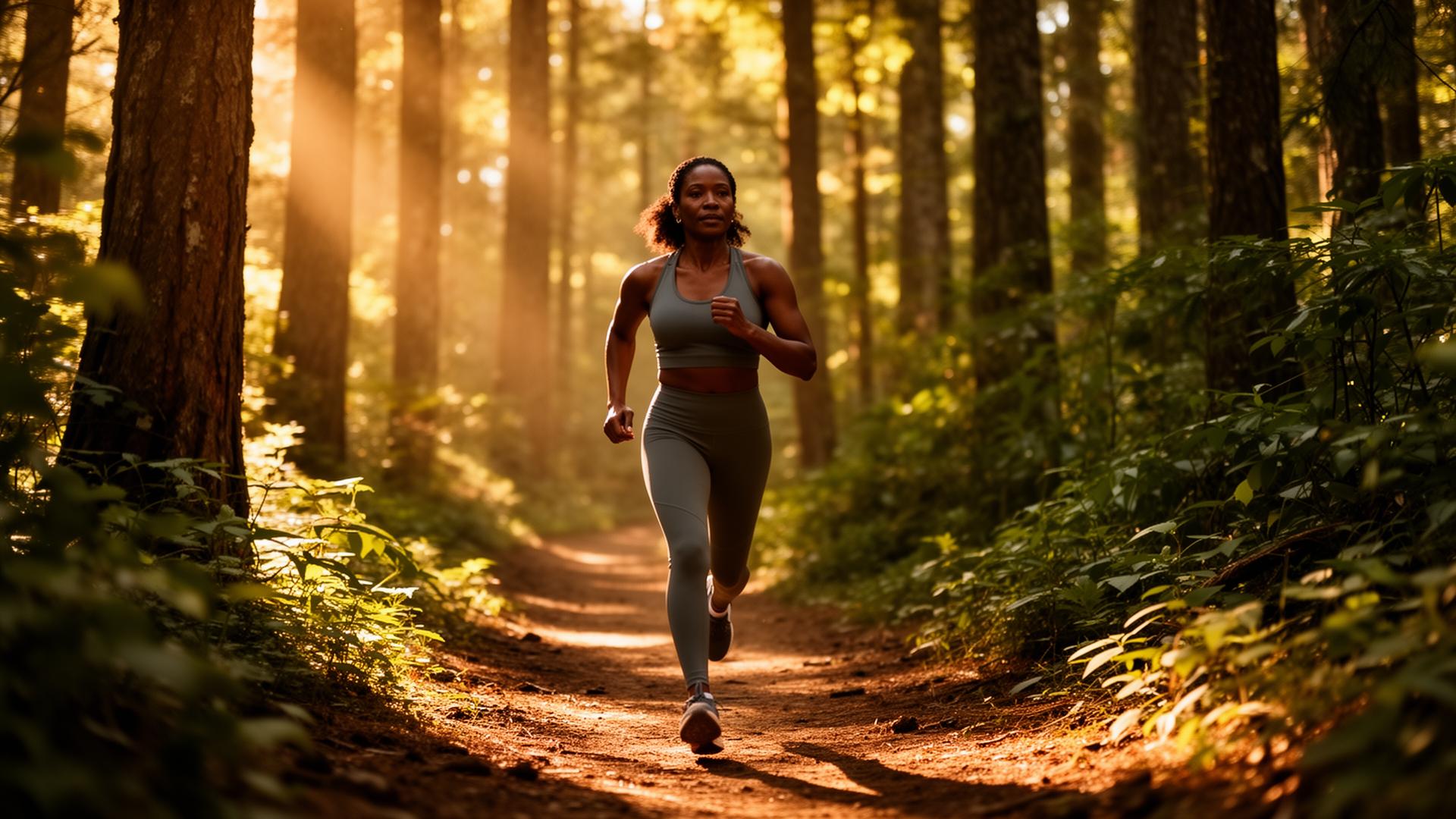 Woman running through a sunlit forest trail